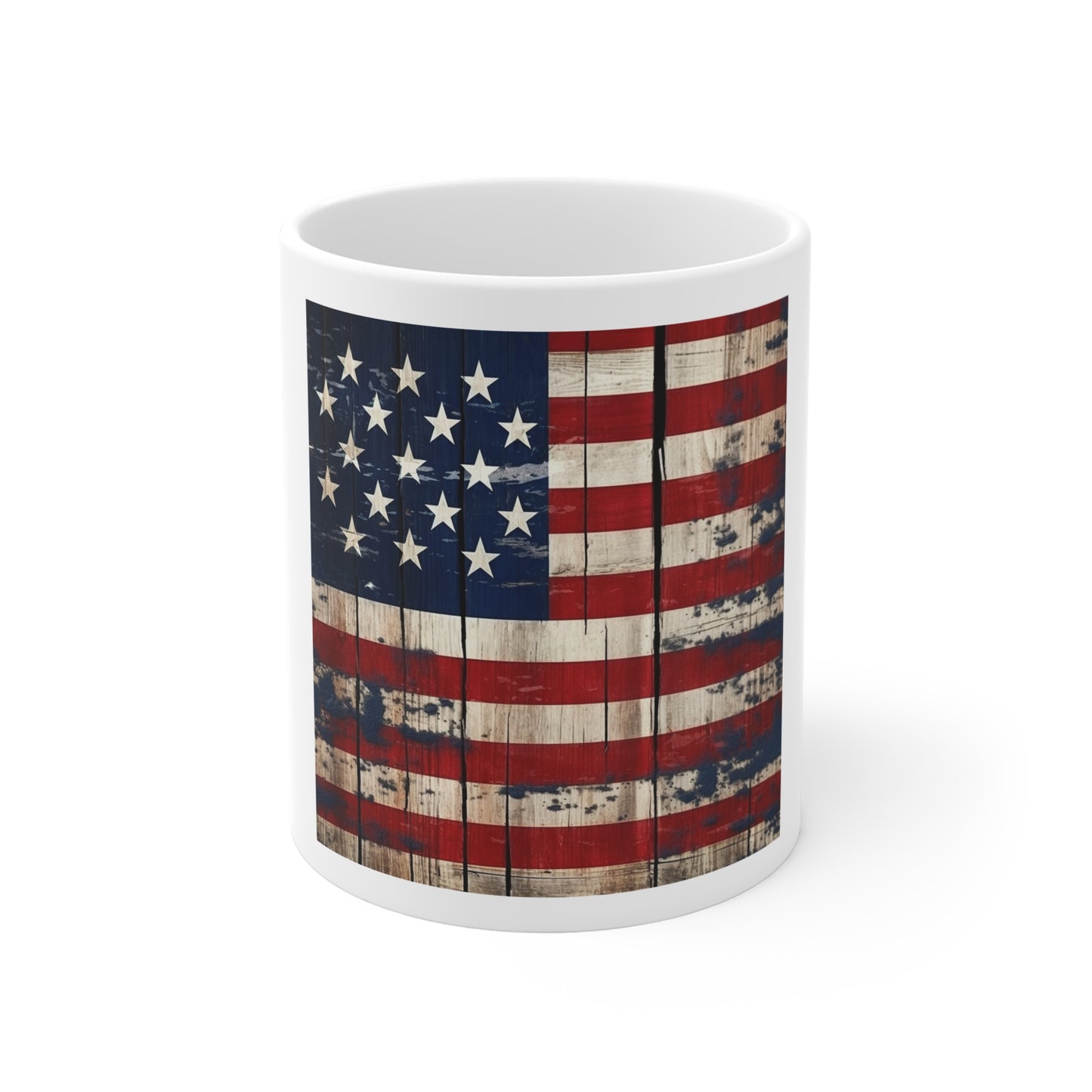 Distressed Barnwood American Flag Coffee Mug – Weathered Paint USA Flag Mug – Rustic Wood Plank Patriotic Cup – Vintage Americana Mug Rustic American Flag Coffee Mug - Patriotic 11oz Ceramic Gift for...