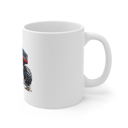 Patriotic Monster Truck Coffee Mug – American Flag Off-Road Truck Mug – Mud Splash USA Truck Design – Bold Americana Gift Mug 11oz