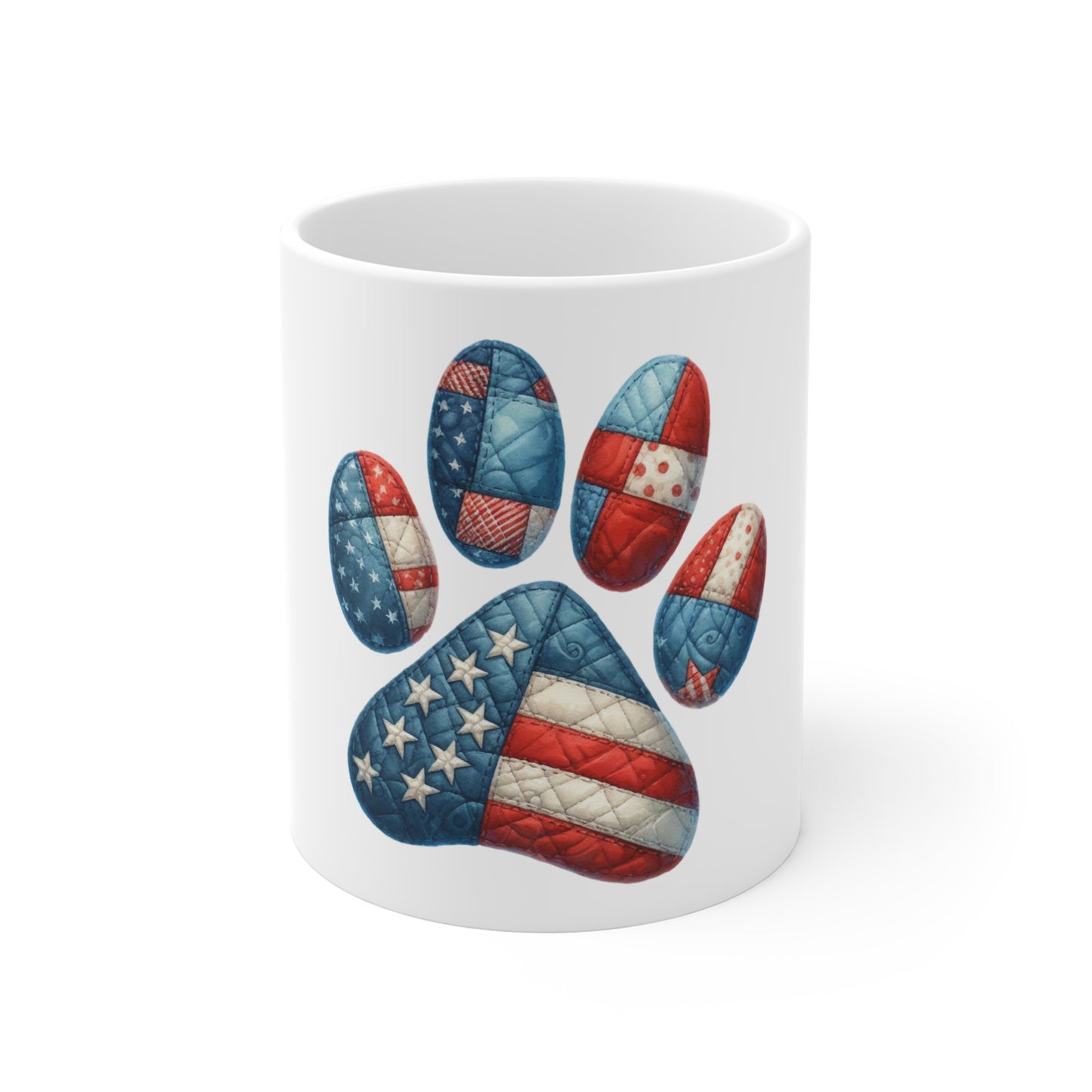 American Flag Dog Paw Coffee Mug – Patriotic Patchwork Paw Print Mug – Red White Blue Pet Lover Mug – USA Dog Gift Cup Patriotic Paw Print Coffee Mug – American Flag Paw 11oz