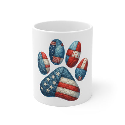 American Flag Dog Paw Coffee Mug – Patriotic Patchwork Paw Print Mug – Red White Blue Pet Lover Mug – USA Dog Gift Cup Patriotic Paw Print Coffee Mug – American Flag Paw 11oz