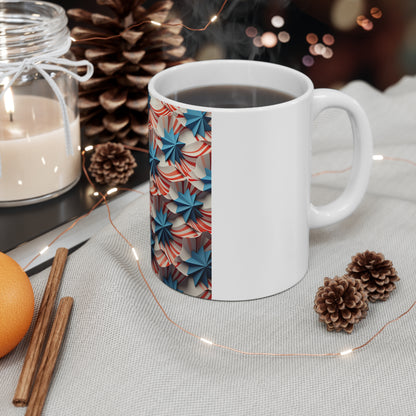3D Patriotic Wave Star Coffee Mug – Flowing Red White Blue Ribbon Mug – Layered Americana Star Design – USA Flag Inspired Mug 11oz