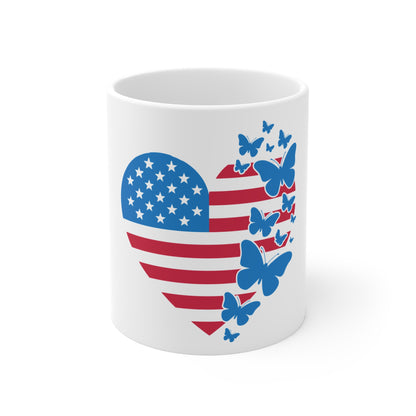 Patriotic Butterfly Heart Coffee Mug – American Flag Heart Mug – USA Love Butterfly Cup – Red White Blue Gift Mug Mug 11oz
