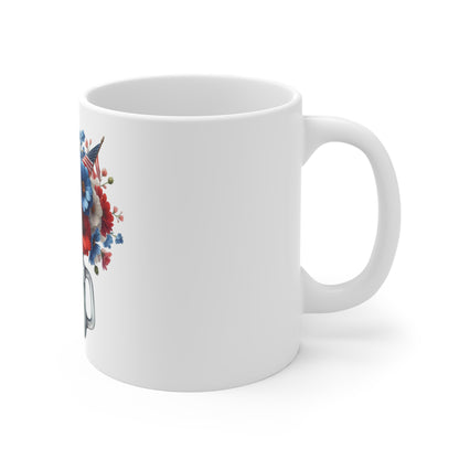 Patriotic Wildflower Mason Jar Coffee Mug – American Flag Floral Mug – Red White Blue Bouquet Cup – Americana Summer Gift Mug Patriotic Mason Jar Floral Mug — Americana Red White Blue Coffee Cup (11...