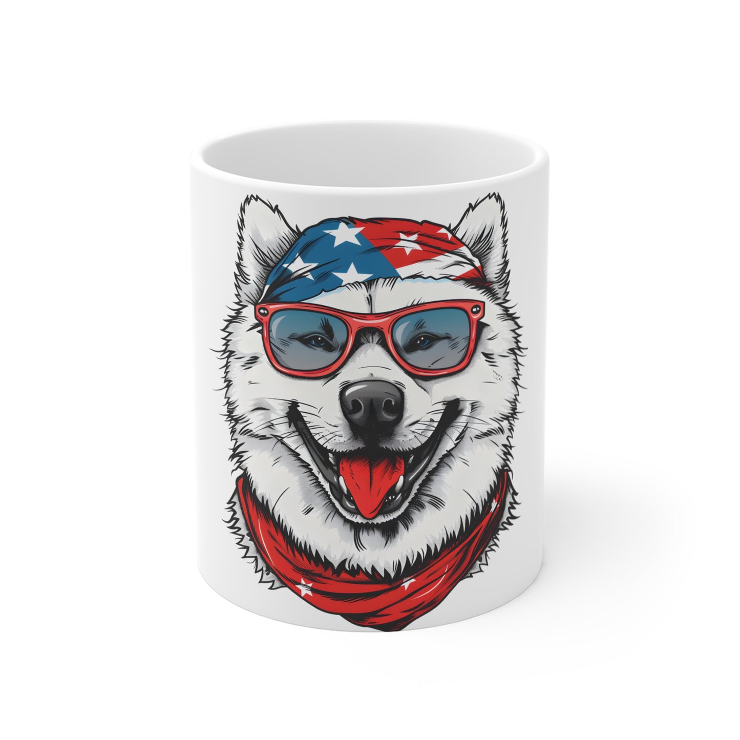 Patriotic Dog Coffee Mug – American Flag Bandana Dog Mug – Funny USA Pup with Sunglasses Cup – 4th of July Gift Mug 11oz