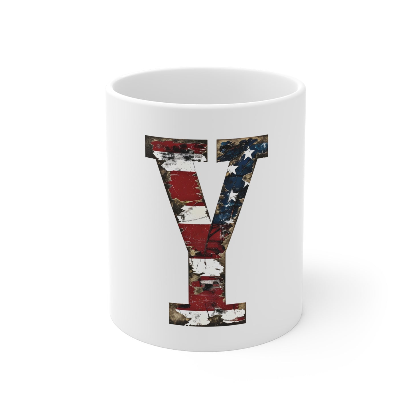 Patriotic Letter Y Coffee Mug – American Flag Initial Mug – Distressed USA Monogram Mug – Vintage Americana Alphabet Gift Mug 11oz