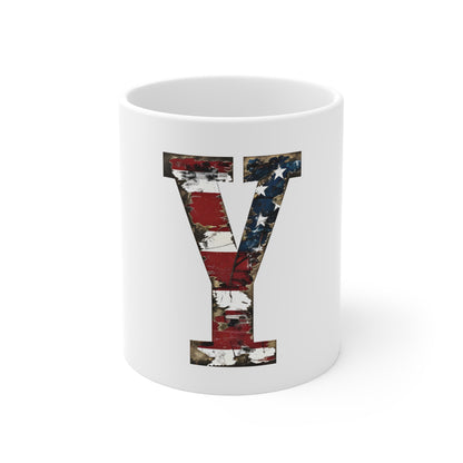 Patriotic Letter Y Coffee Mug – American Flag Initial Mug – Distressed USA Monogram Mug – Vintage Americana Alphabet Gift Mug 11oz