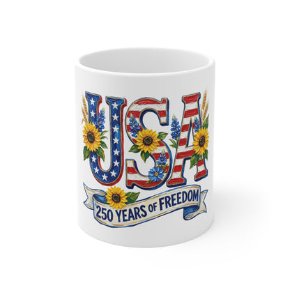 USA 250 Years of Freedom 11oz Coffee Mug — Patriotic Sunflower Flag Design