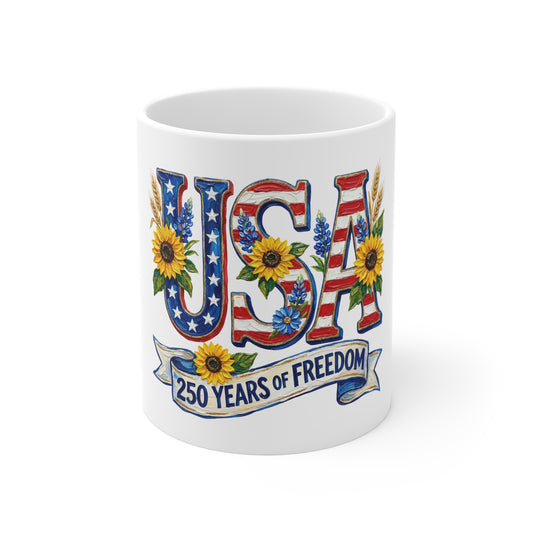 USA 250 Years of Freedom 11oz Coffee Mug — Patriotic Sunflower Flag Design