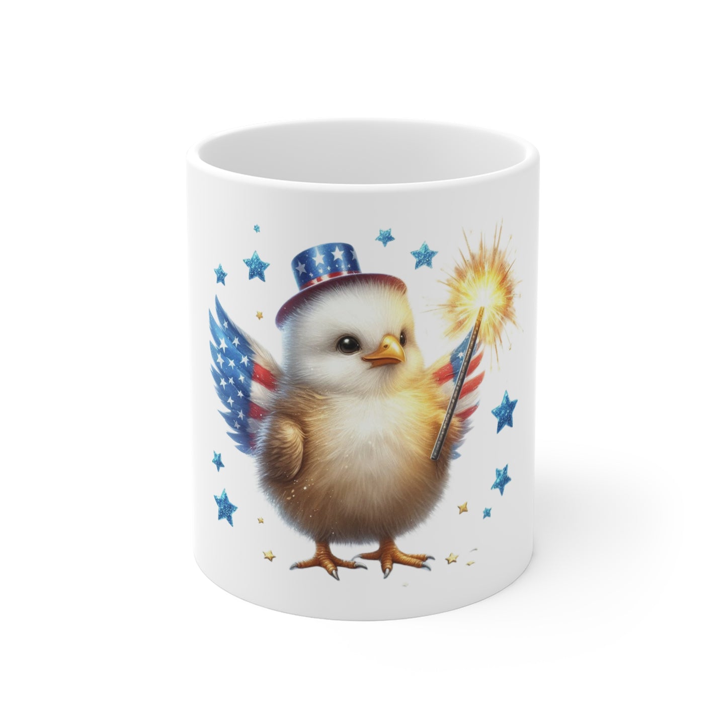 Cute Patriotic Chick Coffee Mug – Baby Chick Fireworks Mug – Kawaii USA Bird Mug – Red White Blue Sparkler Cup 11oz