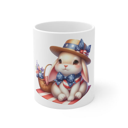 Cute Patriotic Bunny Coffee Mug – Americana Picnic Rabbit Mug – Red White Blue Floral Basket Cup – Adorable USA Gift Mug 11oz