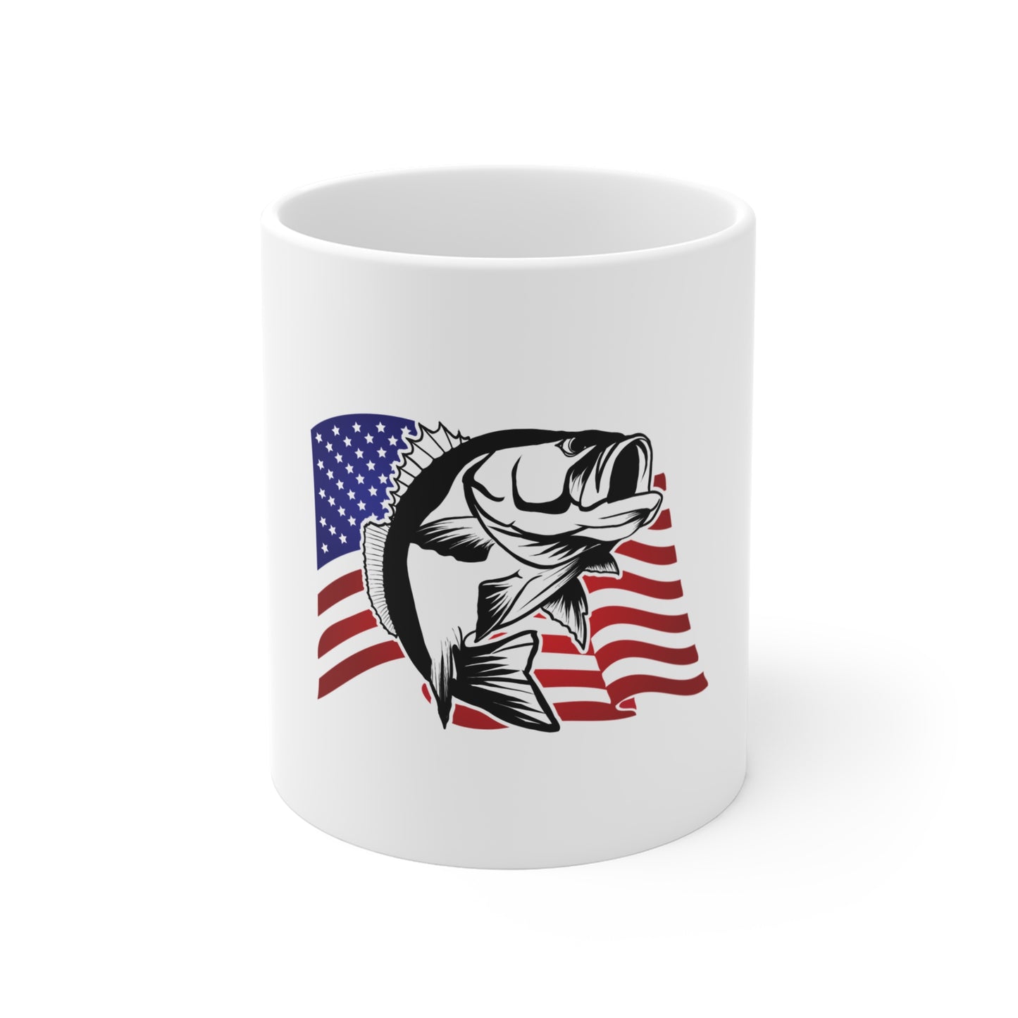 American Bass Fishing Mug – Patriotic 11oz Coffee Cup with USA Flag and Largemouth Bass Design