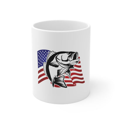 American Bass Fishing Mug – Patriotic 11oz Coffee Cup with USA Flag and Largemouth Bass Design
