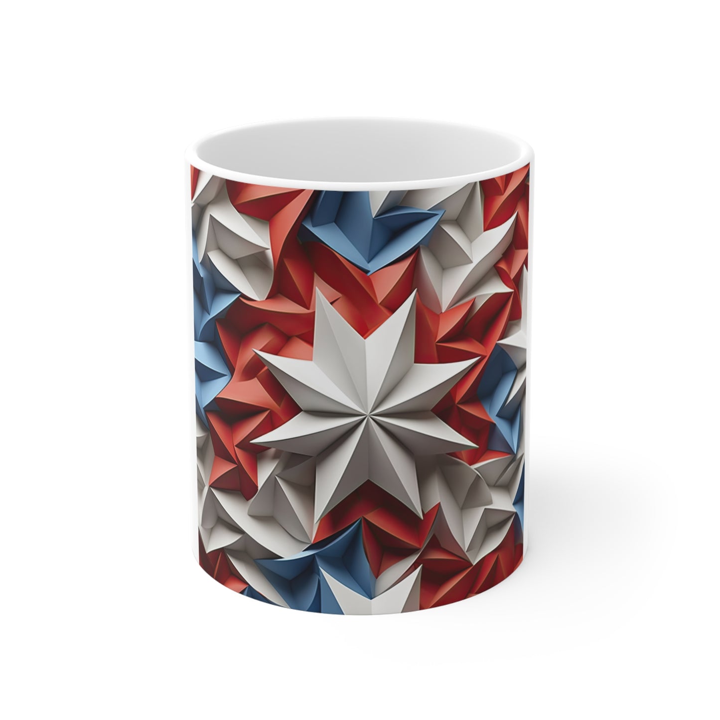 3D Patriotic Starburst Coffee Mug – Bold Central Star Americana Mug – Red White Blue Geometric Star Design – USA Statement Mug 11oz