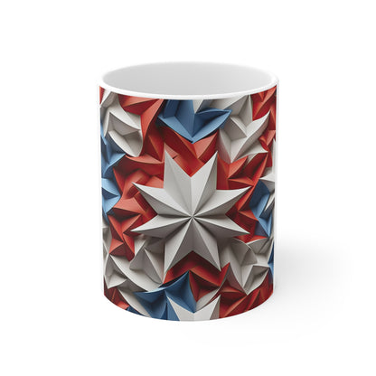 3D Patriotic Starburst Coffee Mug – Bold Central Star Americana Mug – Red White Blue Geometric Star Design – USA Statement Mug 11oz