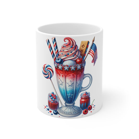Patriotic Ice Cream Milkshake Coffee Mug – 4th of July Candy Mug – Red White Blue Sweet Treat Cup – Americana Dessert Mug – Festive Gift Mug Patriotic Red White & Blue Dessert Mug — 11oz American Flag...