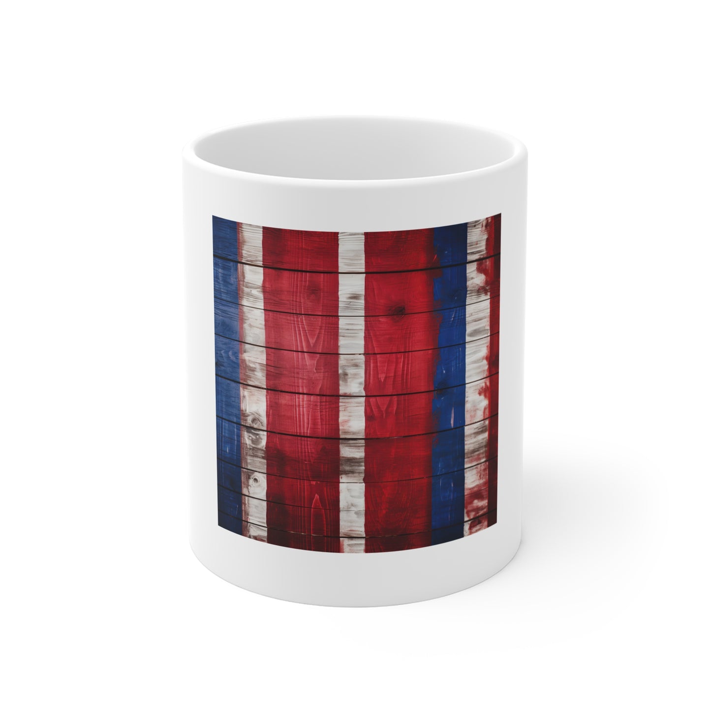 Modern Rustic American Flag Wood Coffee Mug – Bold Painted Wood Stripe Mug – Patriotic Wood Panel Cup – Contemporary Americana Gift Rustic American Flag Mug - Red White Blue Wood Plank 11oz Coffee Cup...