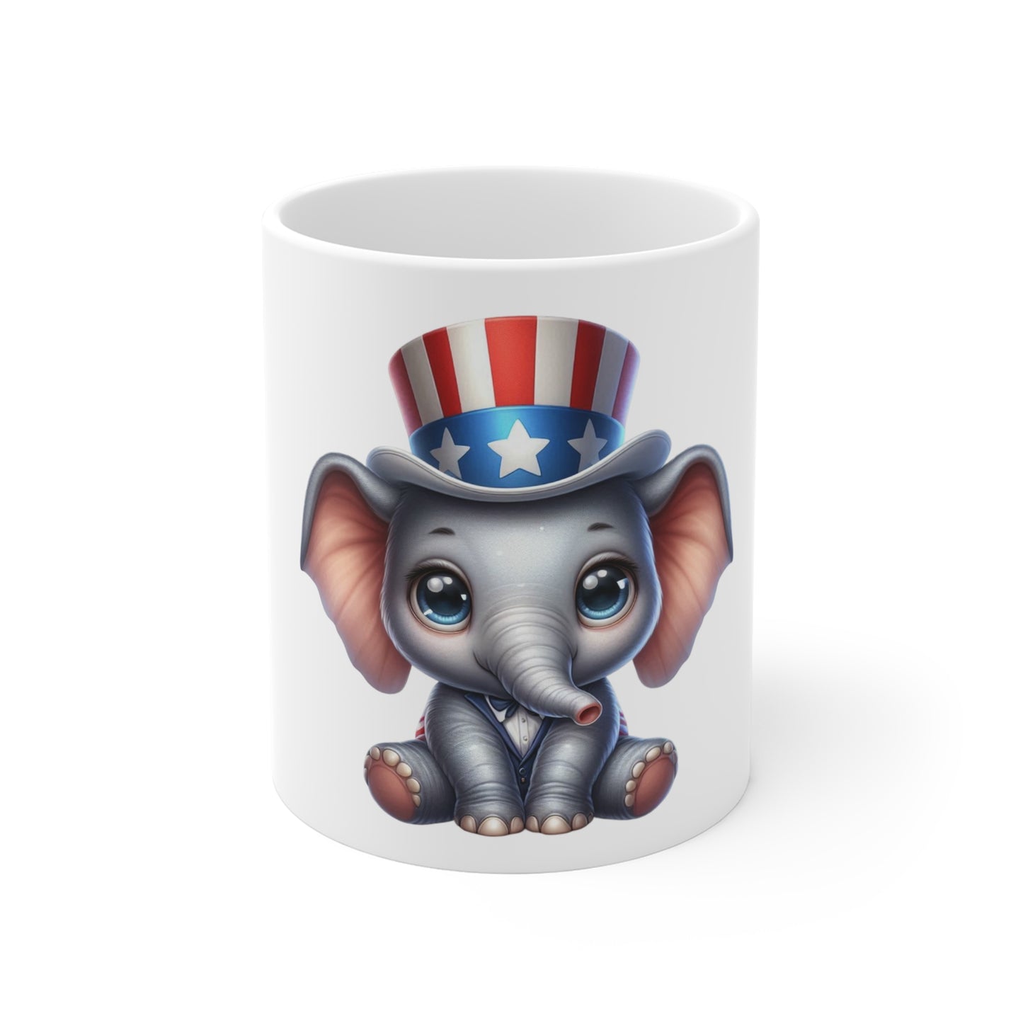 Cute Patriotic Elephant Coffee Mug – Baby Elephant Uncle Sam Hat Mug – Kawaii USA Animal Mug – Red White Blue Gift Cup 11oz