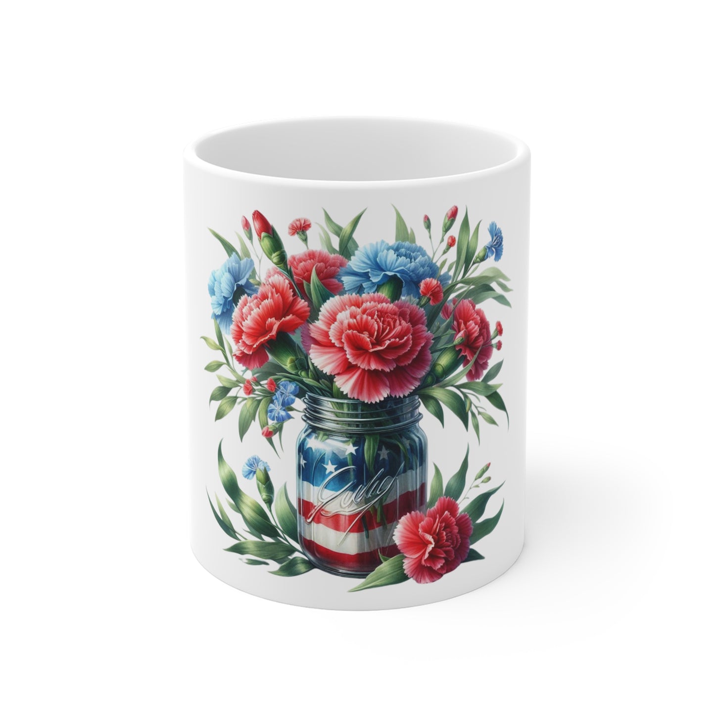 Patriotic Carnation Mason Jar Coffee Mug – Red White Blue Floral Flag Mug – Americana Garden Flower Cup – 4th of July Gift Patriotic Mason Jar Floral Mug – Red, White & Blue Bouquet 11oz