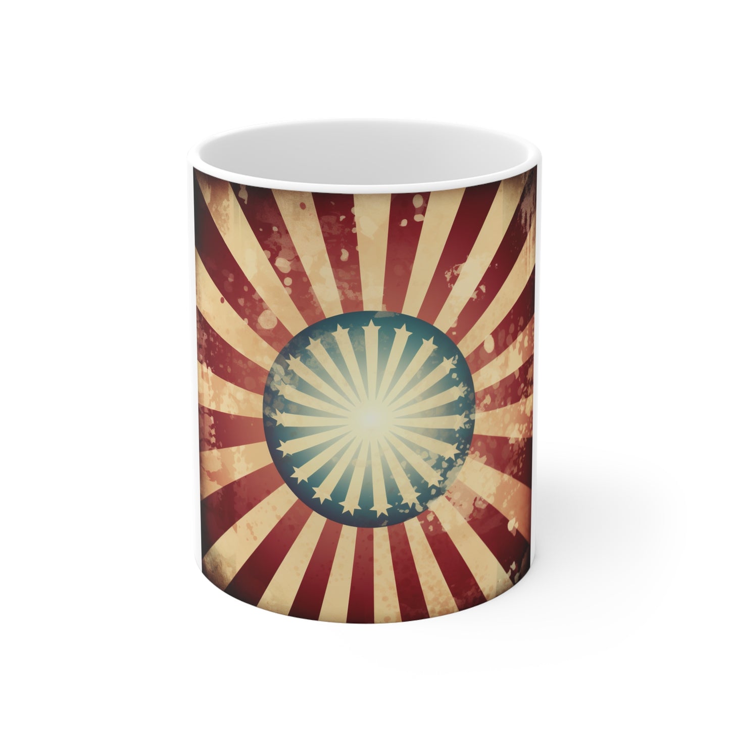 Vintage American Starburst Coffee Mug – Retro Patriotic Sunburst Mug – Distressed USA Star Flag Cup – Americana Radial Design Mug Vintage American Sunburst Mug – Retro Patriotic 11oz Coffee Cup...