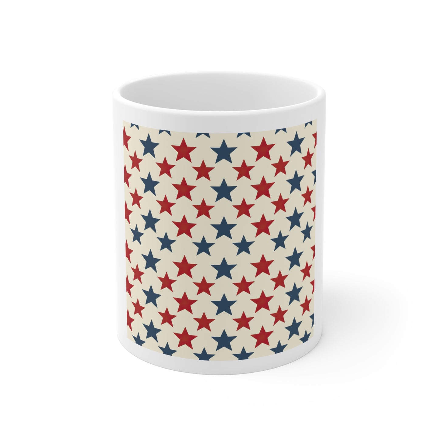 Classic Star Pattern Coffee Mug – Red White Blue Stars Mug – Simple Patriotic Pattern Mug – Americana Star Print Cup Patriotic Stars 11oz Ceramic Mug — Red & Navy Star Pattern