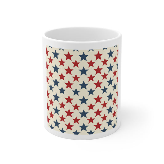 Classic Star Pattern Coffee Mug – Red White Blue Stars Mug – Simple Patriotic Pattern Mug – Americana Star Print Cup Patriotic Stars 11oz Ceramic Mug — Red & Navy Star Pattern