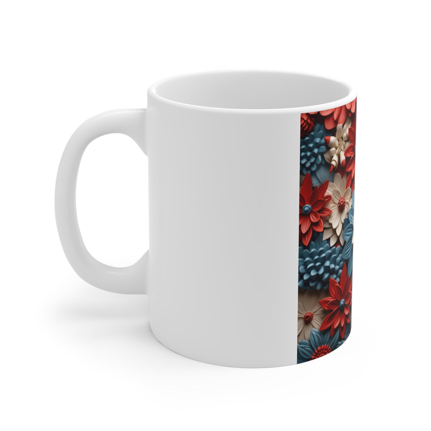 Patriotic 3D Floral Pattern Coffee Mug – Red White Blue Sculpted Flower Mug – Layered Botanical Art Cup – Modern Americana Mug Red, White & Blue 3D Floral Pattern Mug – Patriotic Flower Coffee Cup (11...