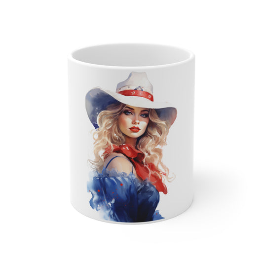 Patriotic Watercolor Woman Mug – Elegant Americana Lady Coffee Mug – Red White Blue Hat Art Cup – Soft Vintage Style Mug – Gift for Her Cowgirl Portrait Coffee Mug — Patriotic Blonde Western Art 11oz...