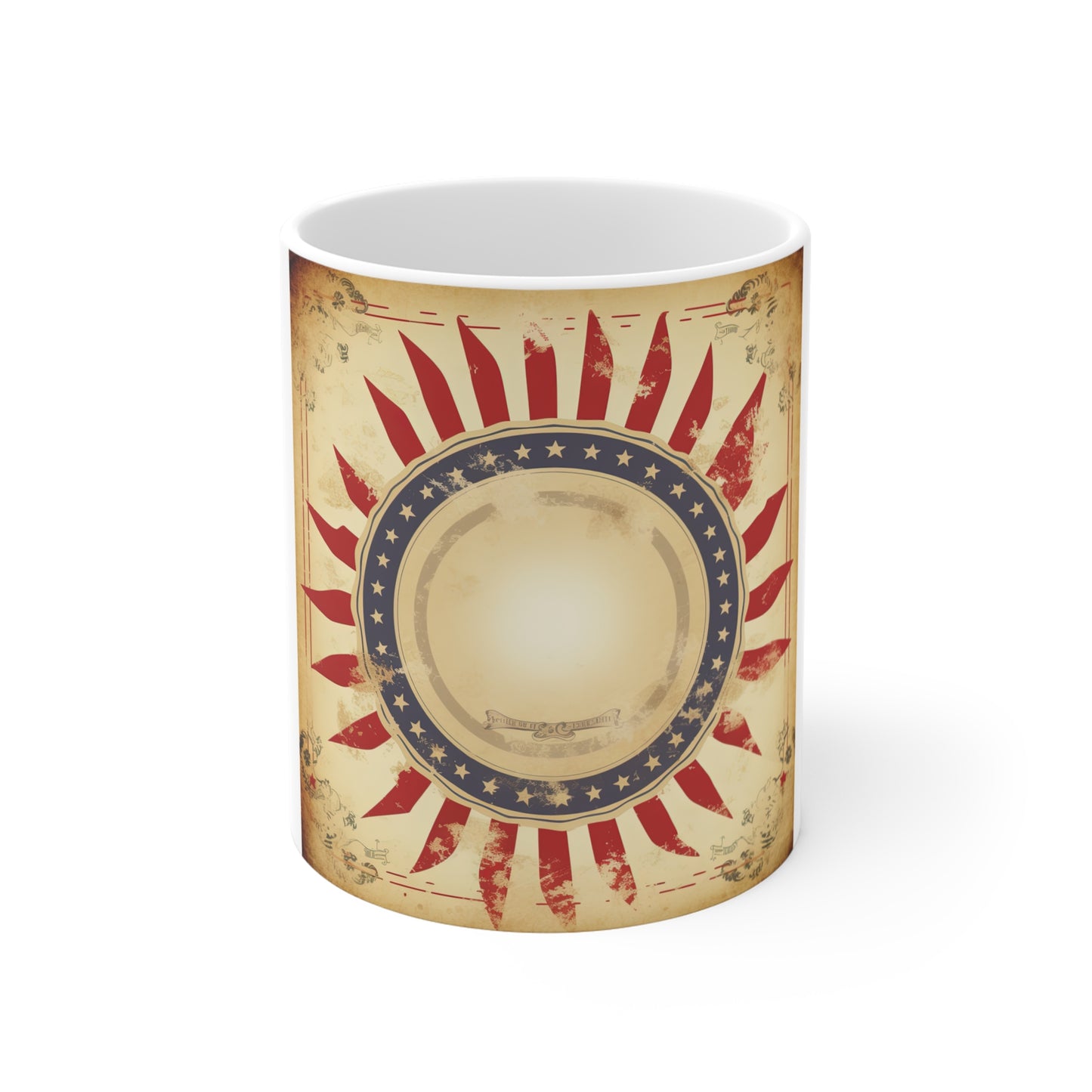 Vintage Patriotic Emblem Coffee Mug – Retro Americana Badge Mug – Distressed USA Star Circle Cup – Rustic Patriotic Design Mug Vintage Patriotic Sunburst Mug – Americana 11oz Coffee Cup