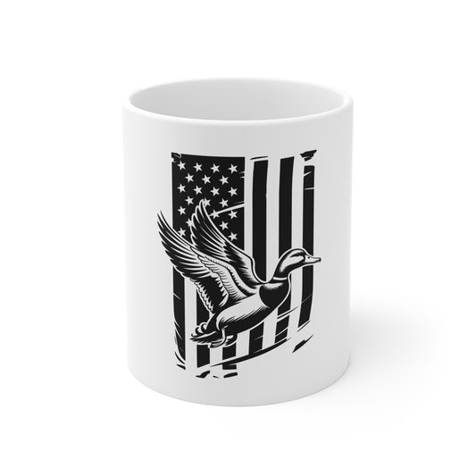 Blackout Flying Duck American Flag Coffee Mug – Tactical Patriotic Waterfowl Mug – Stealth USA Hunting Duck Cup – Distressed Flag Outdoor Mug Mug 11oz