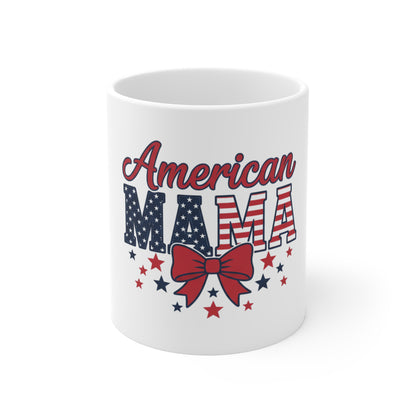 American Mama Coffee Mug – Patriotic Mom Mug – USA Flag Bow Cup – Fourth of July Gift for Mom Mug 11oz
