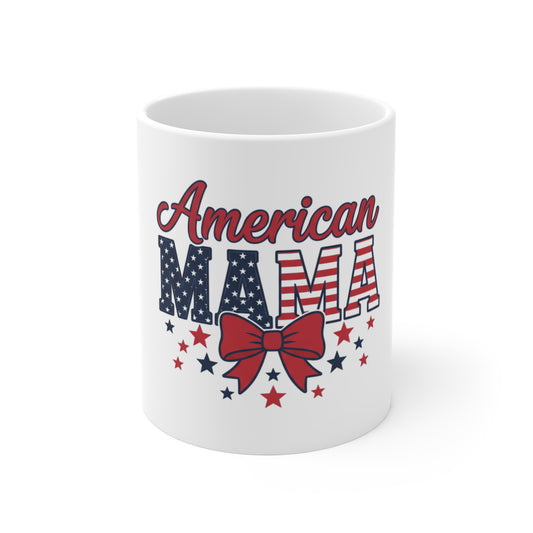 American Mama Coffee Mug – Patriotic Mom Mug – USA Flag Bow Cup – Fourth of July Gift for Mom Mug 11oz
