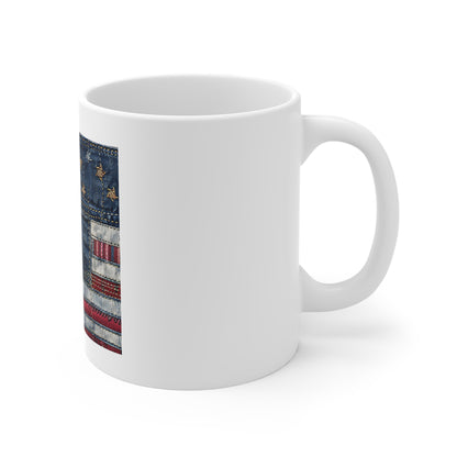 Denim American Flag Coffee Mug – Stitched Patriotic Jeans Design Mug – Rugged Americana Style Cup – USA Pride Gift for Men & Women — Rustic Patriotic 11oz Coffee Cup