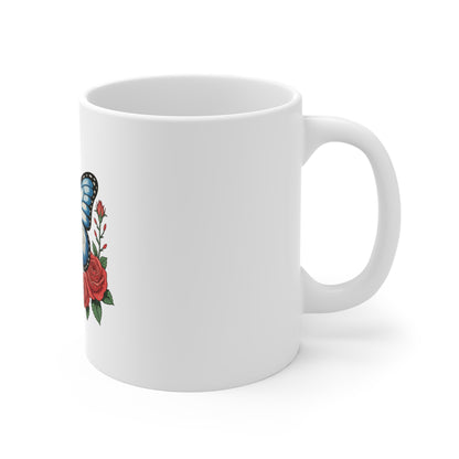 Patriotic Butterfly Mug — American Flag Butterfly with Roses 11oz