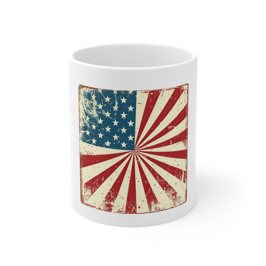 Retro American Flag Sunburst Coffee Mug – Vintage Patriotic USA Mug – Bold Stars & Stripes 11oz Ceramic Cup – Americana Gift