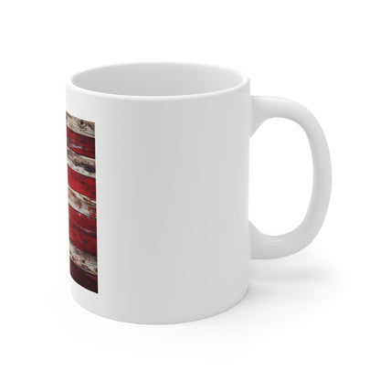 Distressed American Flag Wood Coffee Mug – Weathered Rustic USA Flag Mug – Vintage Painted Wood Patriotic Cup – Americana Gift Rustic American Flag Coffee Mug — 11oz Patriotic USA Gift