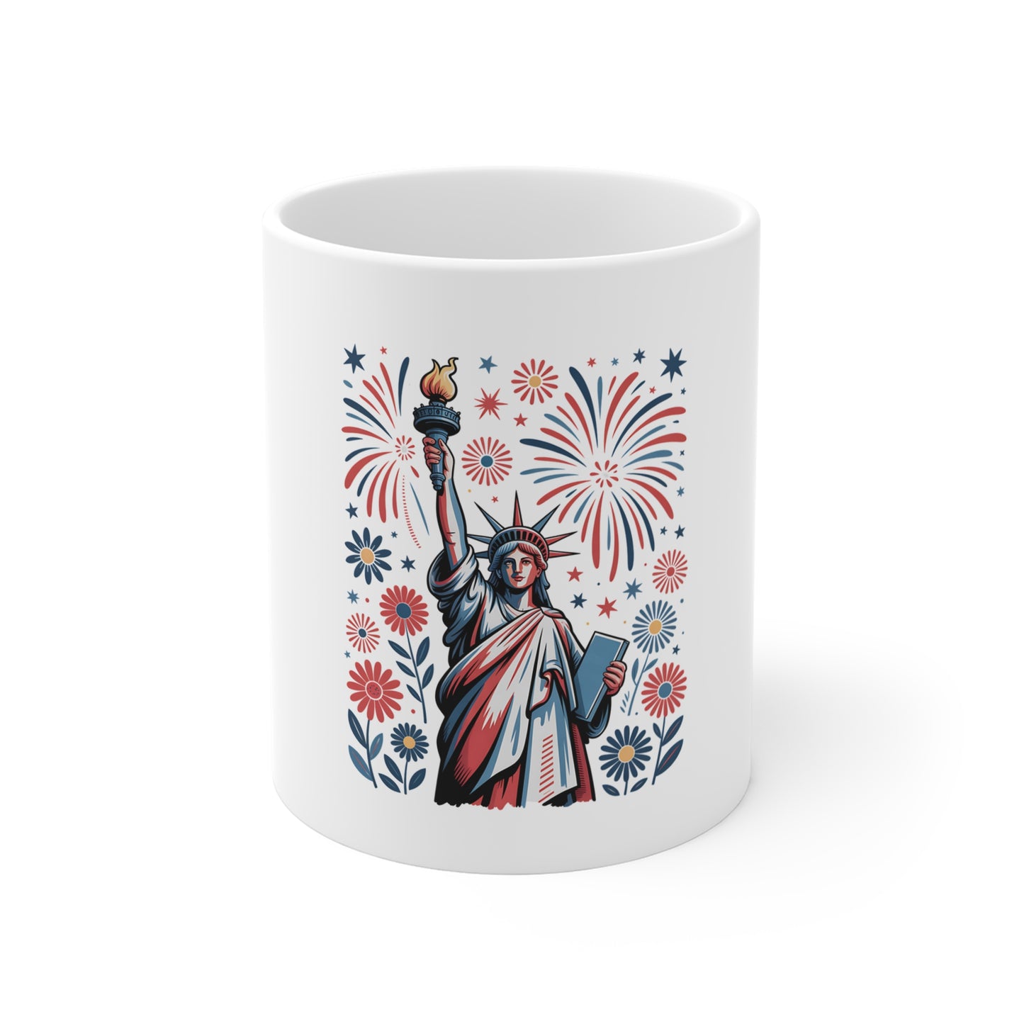 Statue of Liberty Fireworks 11oz Mug — Patriotic Independence Day Coffee Cup