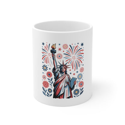 Statue of Liberty Fireworks 11oz Mug — Patriotic Independence Day Coffee Cup