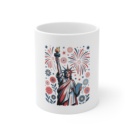 Statue of Liberty Fireworks 11oz Mug — Patriotic Independence Day Coffee Cup