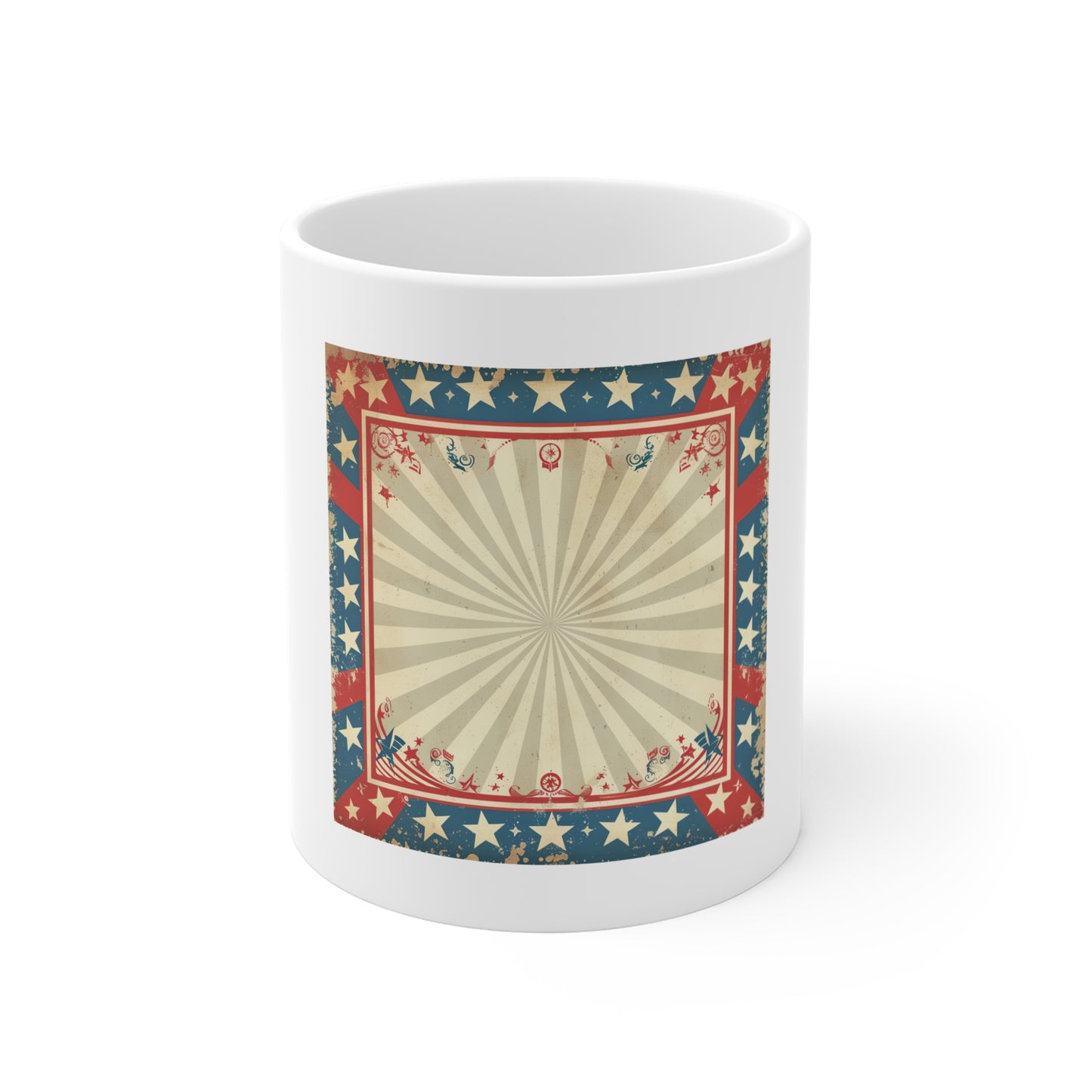 Vintage Americana Sunburst Coffee Mug – Retro Patriotic Star Frame Mug – Distressed USA Poster Style Cup – Classic American Heritage Gift Patriotic Retro Stars & Stripes Coffee Mug — Vintage Americana...