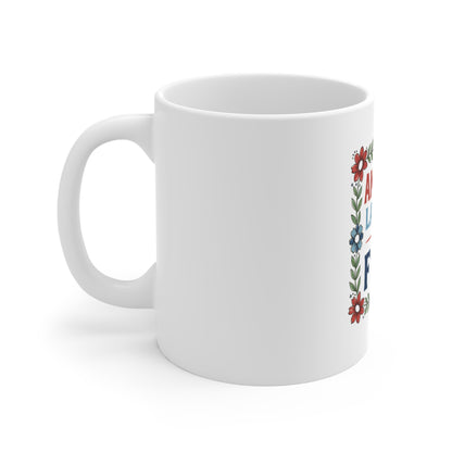 America Land of the Free Coffee Mug – Patriotic Floral Mug – Vintage Americana Quote Cup – USA Pride Gift Mug 11oz