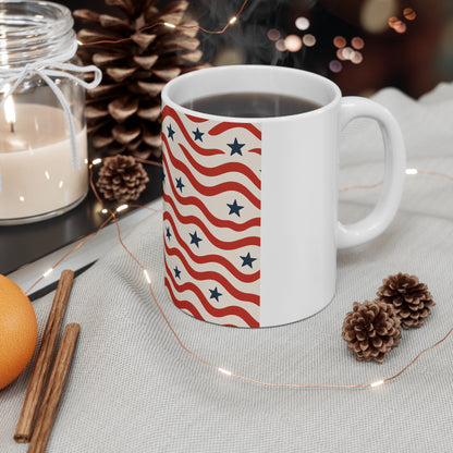 Wavy American Flag Coffee Mug – Modern Patriotic Stripe Mug – Red White Blue Wave Pattern Mug – Minimal USA Design11oz