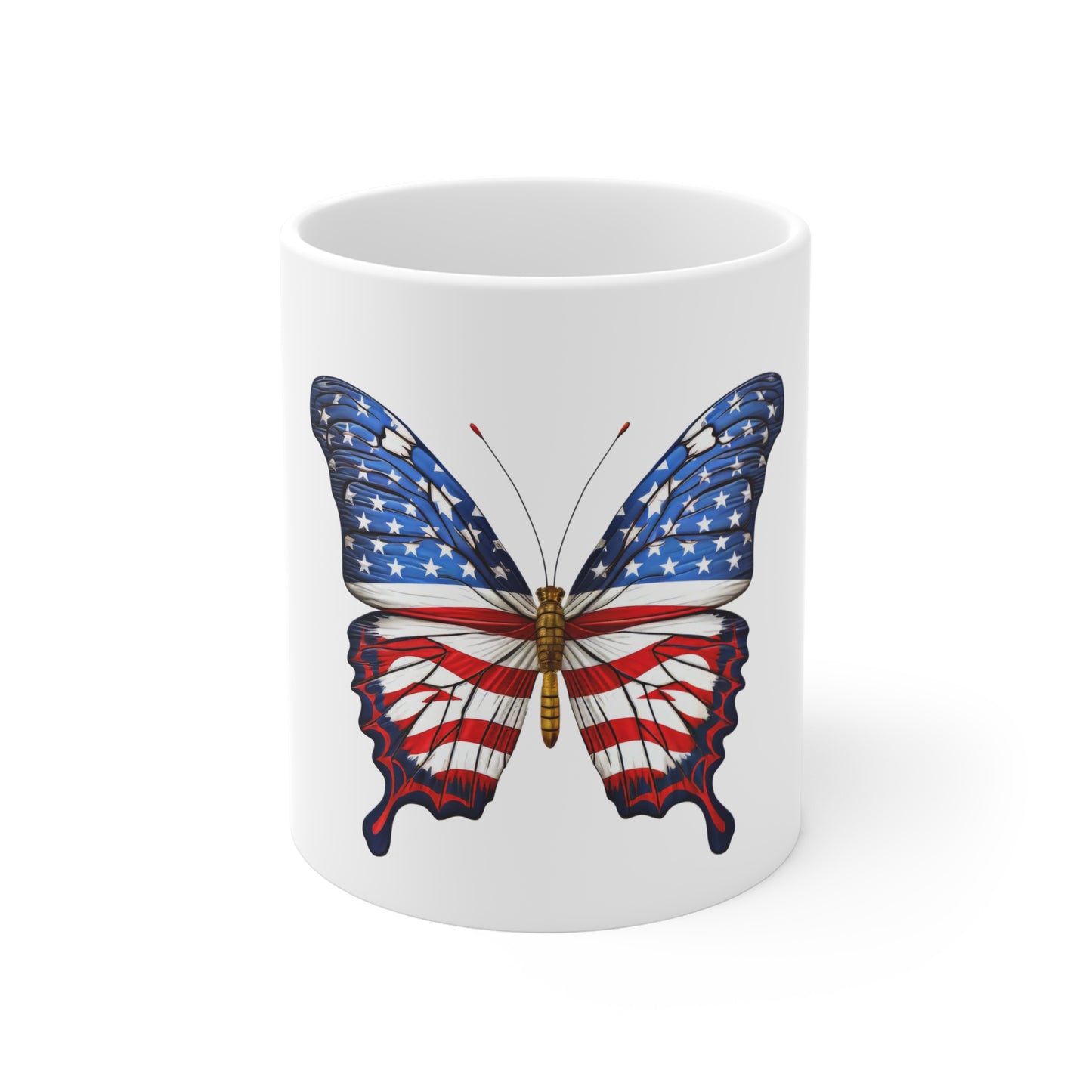 American Flag Butterfly Coffee Mug – Premium Patriotic Wings Mug with Gold Detail – Red White Blue USA Freedom Cup American Flag Butterfly Mug — Patriotic 11 oz Coffee Cup