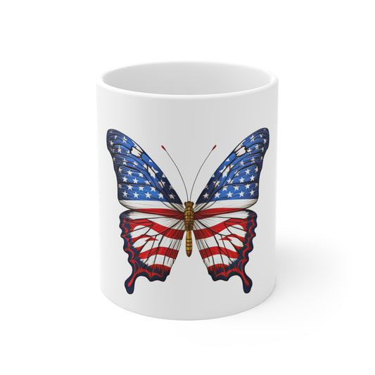 American Flag Butterfly Coffee Mug – Premium Patriotic Wings Mug with Gold Detail – Red White Blue USA Freedom Cup American Flag Butterfly Mug — Patriotic 11 oz Coffee Cup