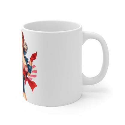 Patriotic Glam Pin Up Mug – American Flag Sunglasses Woman Coffee Mug – Vintage Americana Chic Cup – 4th of July Gift – USA Style Mug Patriotic Pin-Up Girl Coffee Mug – Retro 4th of July USA Flag...