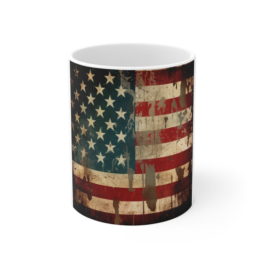 Distressed American Flag Coffee Mug – Vintage Grunge USA Flag Mug – Rustic Patriotic Mug – Weathered Americana Gift11oz