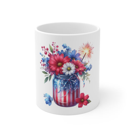 Patriotic Firework Floral Mason Jar Coffee Mug – Red White Blue Sparkler Bouquet Mug – Americana Celebration Cup – 4th of July Gift Mug Patriotic Floral Mug — Red, White & Blue Mason Jar Bouquet (4th...