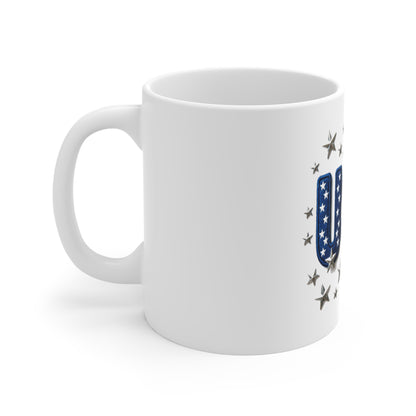 USA Embroidered Patch Style Coffee Mug – Patriotic Stars & Stripes Mug – Vintage Americana Texture Cup – Bold USA Pride Gift 11oz