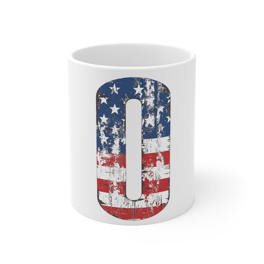 Distressed American Flag Number 0 Coffee Mug – Vintage Patriotic Number Mug – Rustic USA Stars & Stripes Cup – Americana Gift Mug 11oz