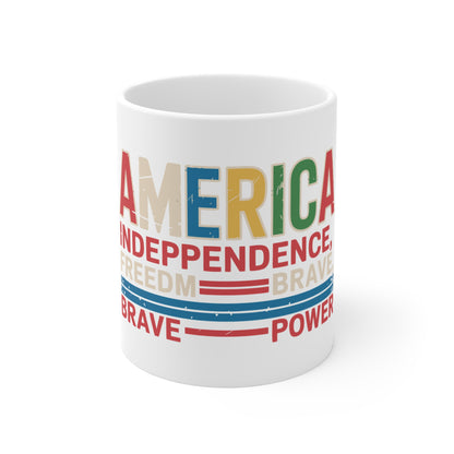 America Patriotic 11oz Coffee Mug — Independence, Freedom & Brave Word Art