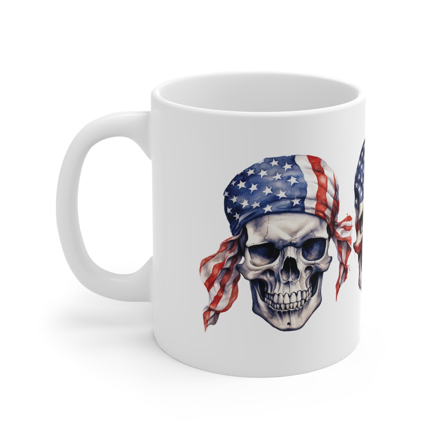 American Flag Skull Mug — 11oz Patriotic Bandana Skull Coffee Cup for Veterans & Bikers